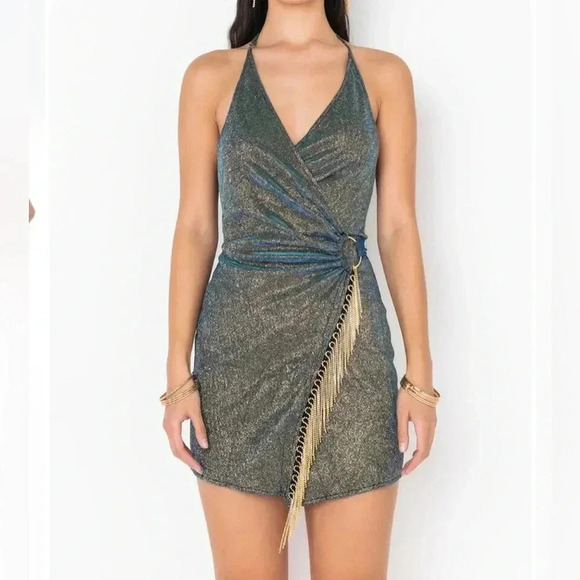 AKIRA “YOU GOT IT WRAP FRONT MINI DRESS” - Blue multi small NWT - Picture 3 of 13